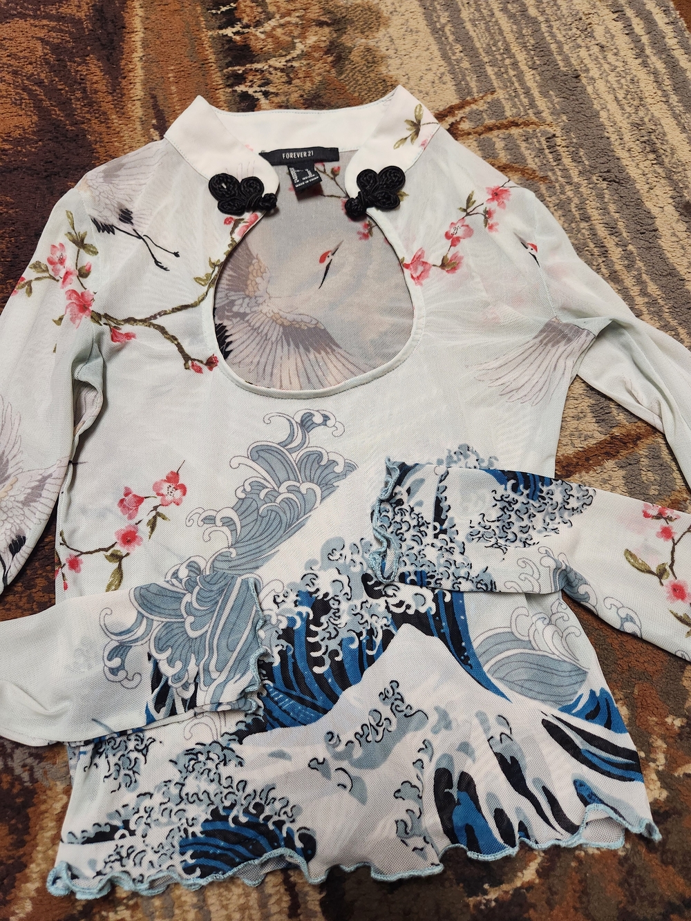 Forever 21 White Long Sleeve Top with Blue Wave & Pink Floral Print - Picture 3 of 7